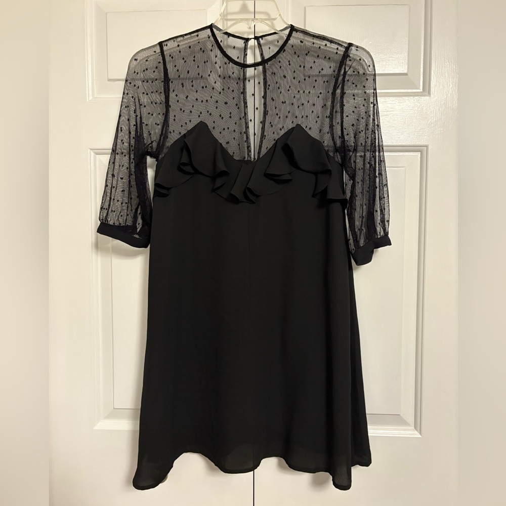 Black Ruffle Mini Dress with Mesh Yoke